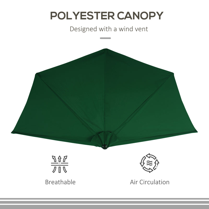 Outsunny - 9.8ft Half Umbrella Semi Round Patio Parasol with Crank Handle, Top Vent for Garden, Balcony - NO BASE INCLUDED, Green — 84D-008GN