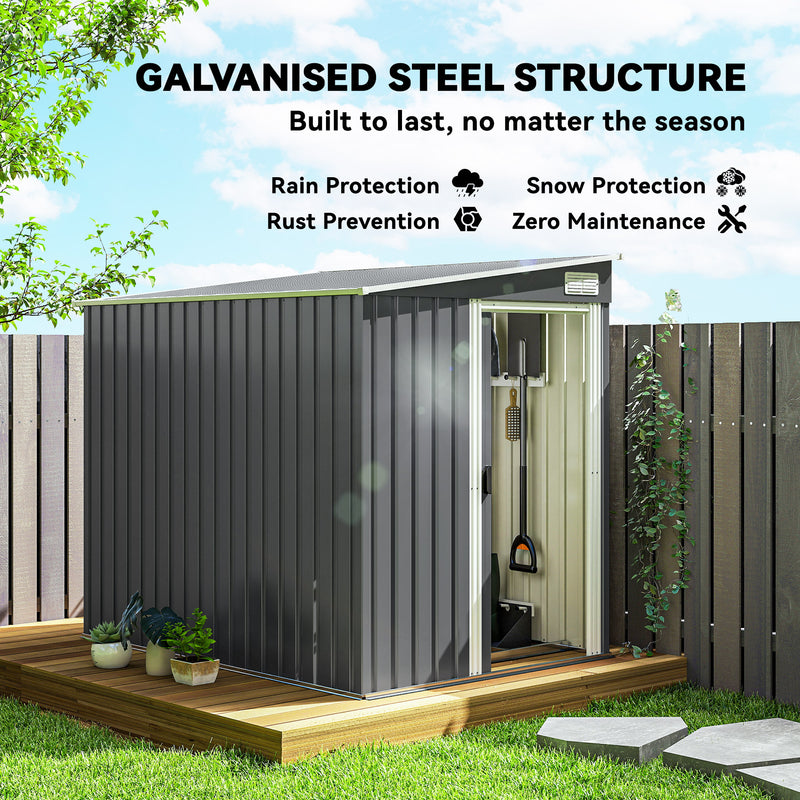 5'x7' Lean to Galvanized Metal Shed with Foundation, Garden Tool Storage House with Sliding Door and 2 Vents, Dark Grey