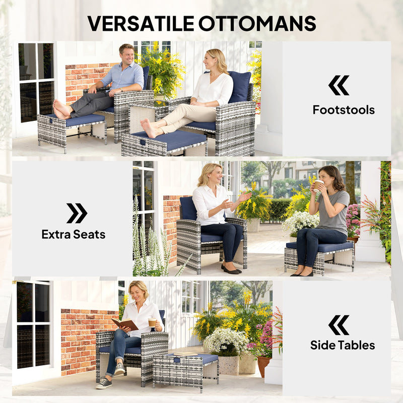 Outsunny - 5 Piece Patio Furniture Set, Wicker Patio Chairs with Ottomans, 2-Tier Glass Coffee Table and Cushions, Grey/Dark Blue