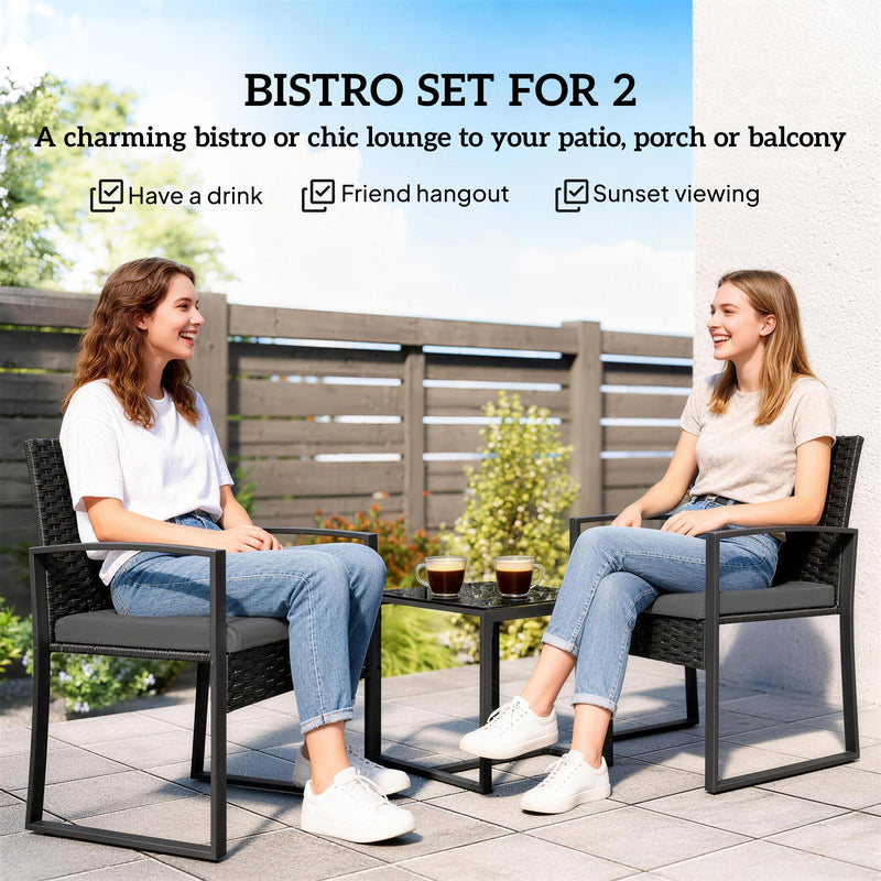 Outsunny - Outdoor Bistro Set, 3 Piece Wicker Patio Furniture Set with Glass Top Table and Cushions for Porch, Balcony, Dark Grey