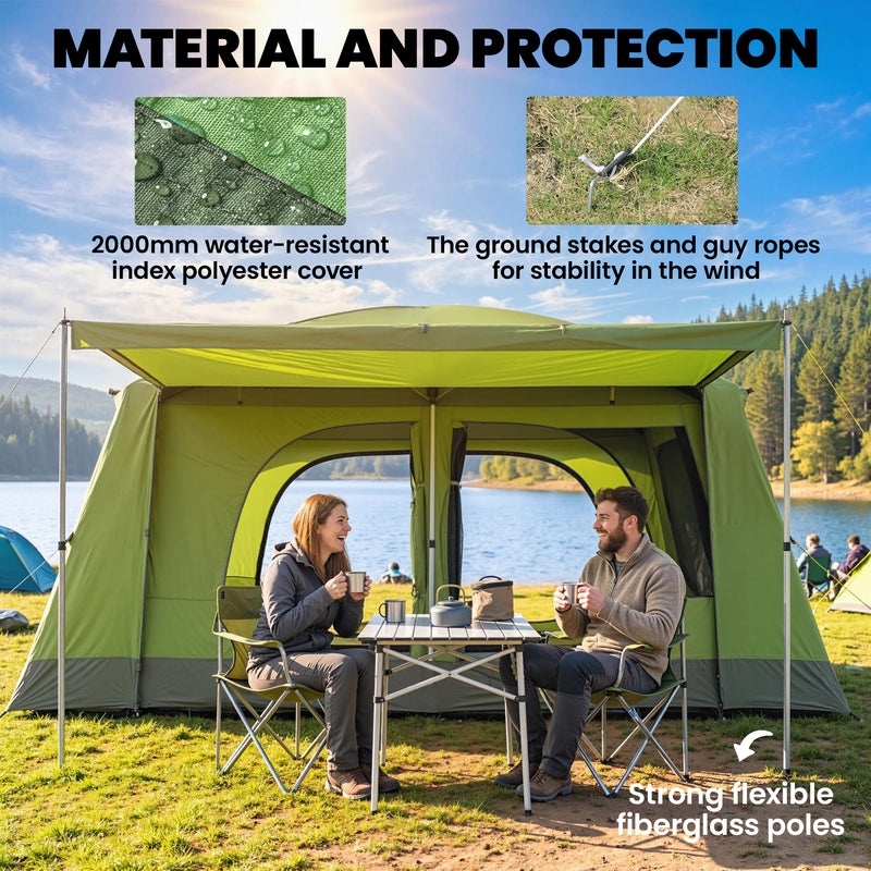 Outsunny - Tunnel Tent Camping Shelter w/ Porch, Two Rooms, Lamp Hook, Portable Carry Bag, Green