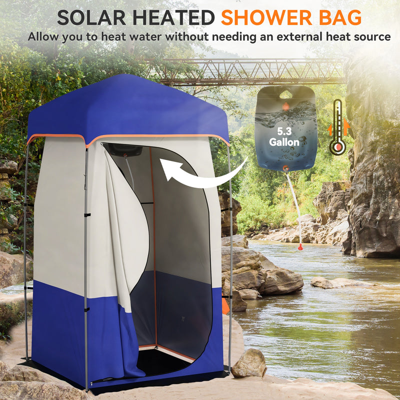 Outsunny - Camping Shower Tent, Portable Privacy Shelter with Solar Shower Bag, Removable Floor and Carrying Bag, Blue