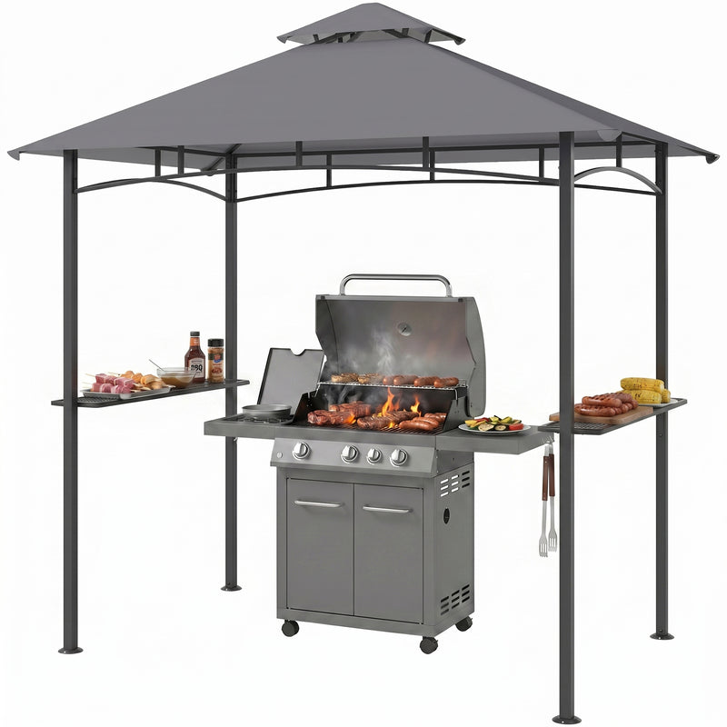 Outsunny - 8' x 5' BBQ Grill Gazebo Tent with Double Tiered Canopy for Outdoor Sun Shade, Grey