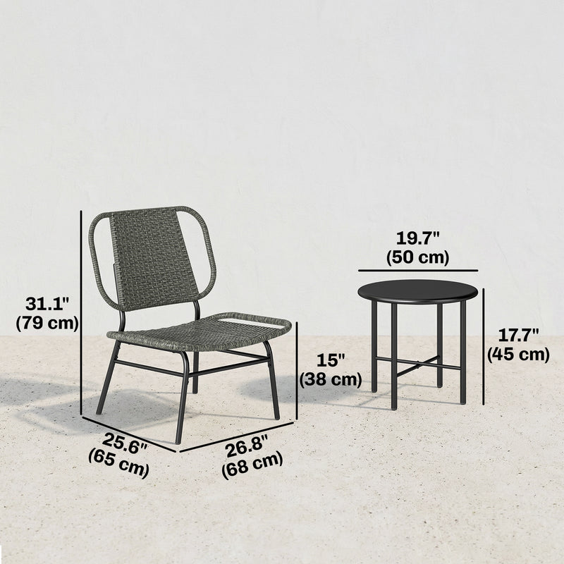 Outsunny - 3 Piece Wicker Patio Furniture Set, Outdoor Bistro Set with Steel Table, Rattan Outdoor Conversation Furniture, Grey
