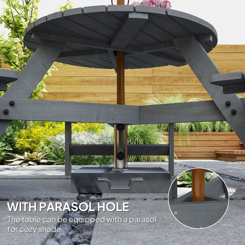 Outsunny - 6 Person Round Picnic Table Bench Set with Umbrella Hole, Wood Patio Table with 3 Built-in Benches for Garden, Deck, Backyard, Grey