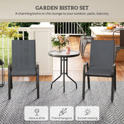 Outsunny - 3 Pieces Bistro Set, Small Patio Furniture Set with Stackable Mesh Chairs, Glass Table for Garden, Balcony, Dark Grey