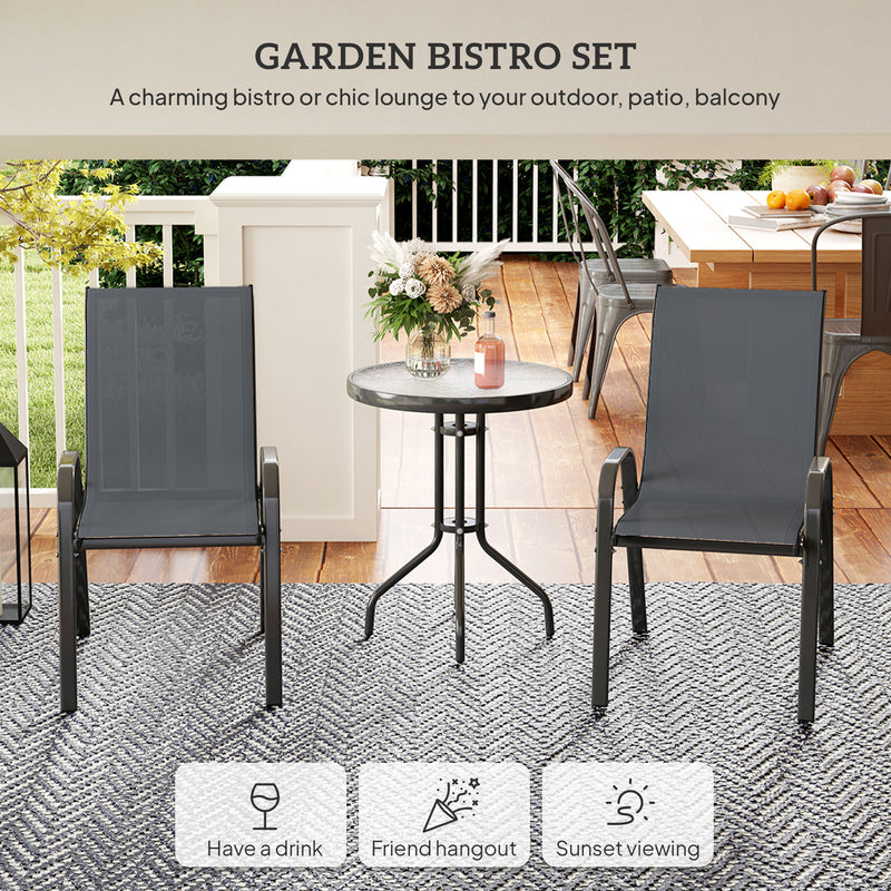 Outsunny - 3 Pieces Bistro Set, Small Patio Furniture Set with Stackable Mesh Chairs, Glass Table for Garden, Balcony, Dark Grey