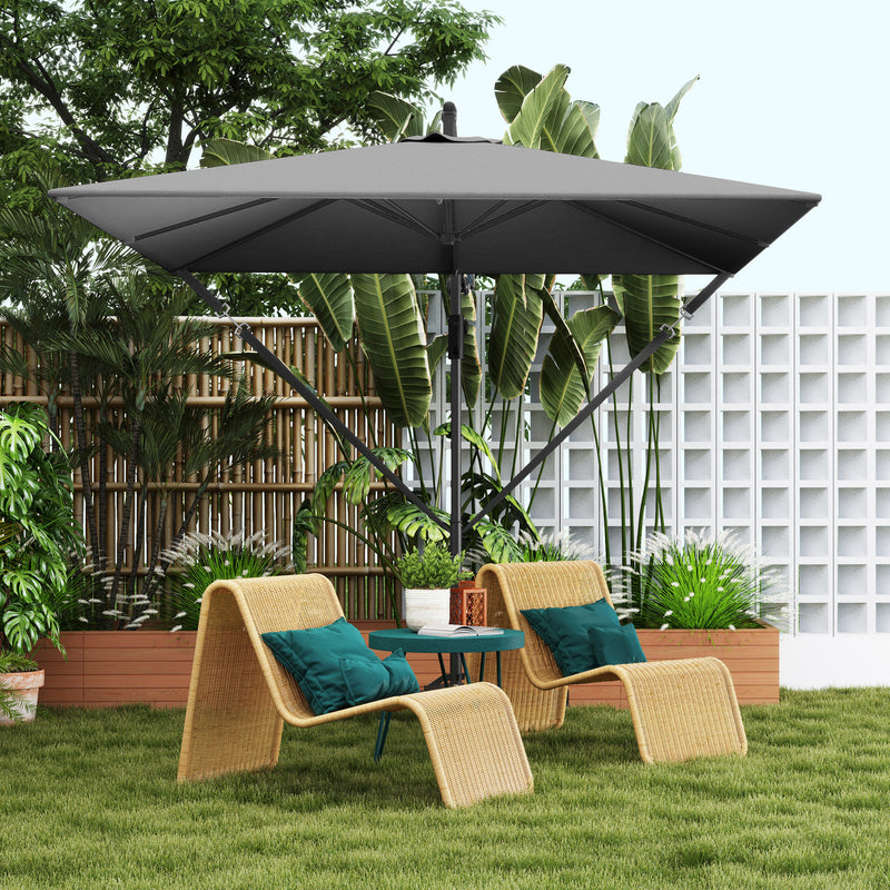 Outsunny - Patio Offset Umbrella UPF 50+ UV Protection, Crank Parasol with Base, Cover & Wind Securing, Grey — 84D-419V00GY