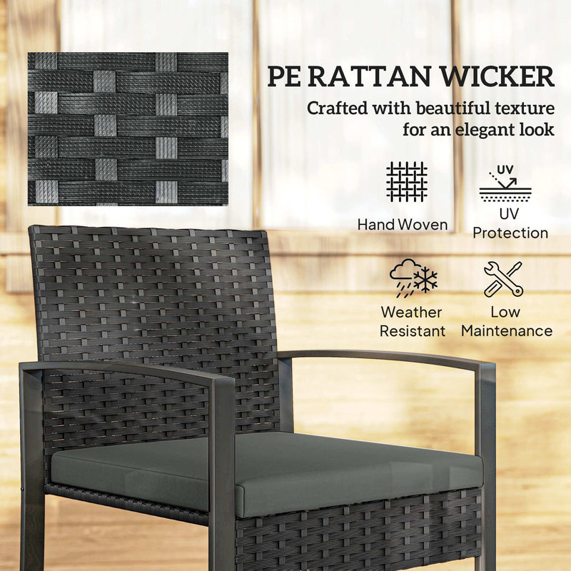 Outsunny - Outdoor Bistro Set, 3 Piece Wicker Patio Furniture Set with Glass Top Table and Cushions for Porch, Balcony, Dark Grey
