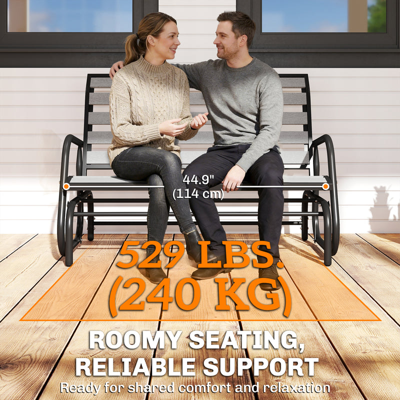 Outsunny - 2 Person Outdoor Glider Bench, Patio Glider Loveseat with Faux Wood Slatted Seat and Back, Steel Frame, Grey
