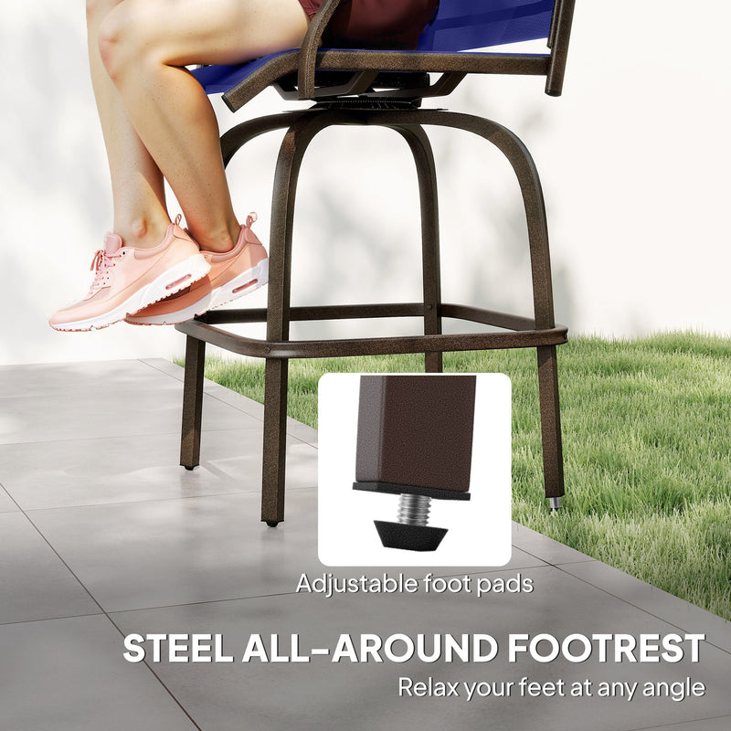 Outsunny - Outdoor Bar Stools Set of 2, Swivel Bar Height Chairs with High Back, Curved Armrests and Steel Frame, Navy Blue
