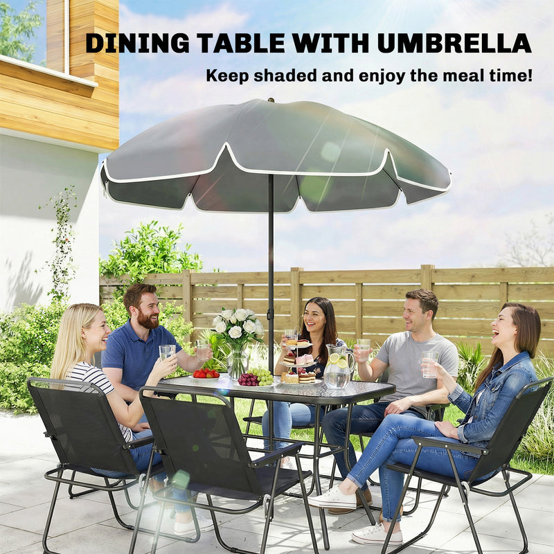Outsunny - 8 Piece Patio Table and Chairs Set with Folding Chairs, Tempered Glass Tabletop and Umbrella for Garden, Black