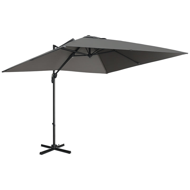 Outsunny - 9ft Cantilever Patio Umbrella, Square Overhanging Umbrella with Cross Base, Crank Handle, Tilt, 360° Rotation and Aluminum Frame, Dark Grey