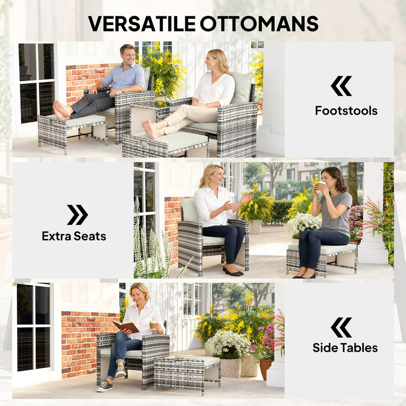 Outsunny - 5 Piece Patio Furniture Set, Wicker Patio Chairs with Ottomans, 2-Tier Glass Coffee Table and Cushions, Grey/Cream White