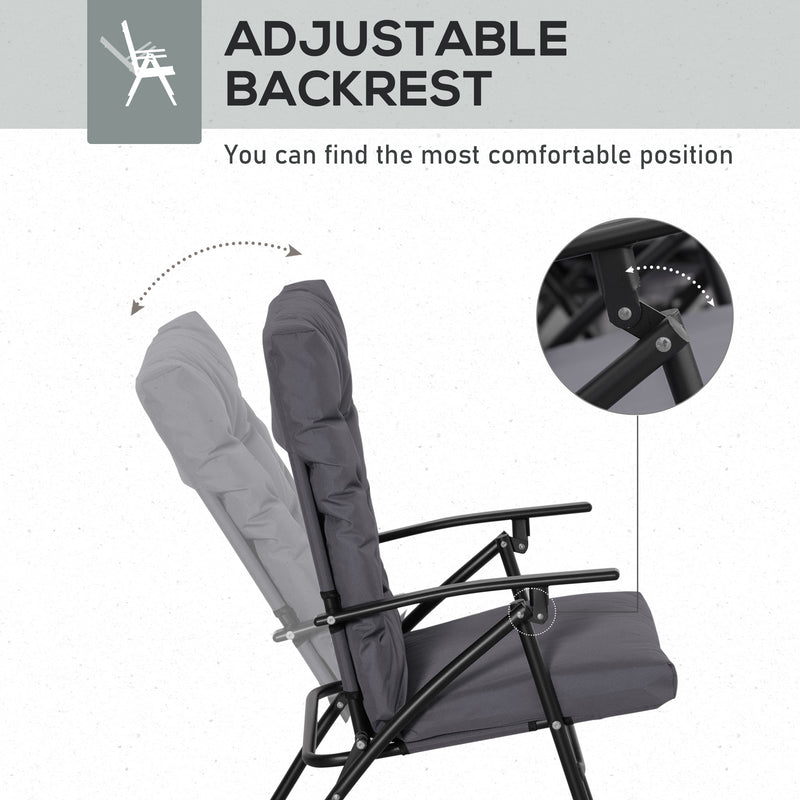 Outsunny - Set of 2 Outdoor Folding Chairs with Adjustable Backrest, Padded Camping Chairs for Outdoor Events, Grey