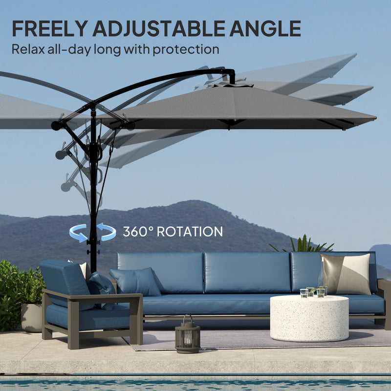 Outsunny - Patio Offset Umbrella UPF 50+ UV Protection, Crank Parasol with Base, Cover & Wind Securing, Grey — 84D-419V00GY