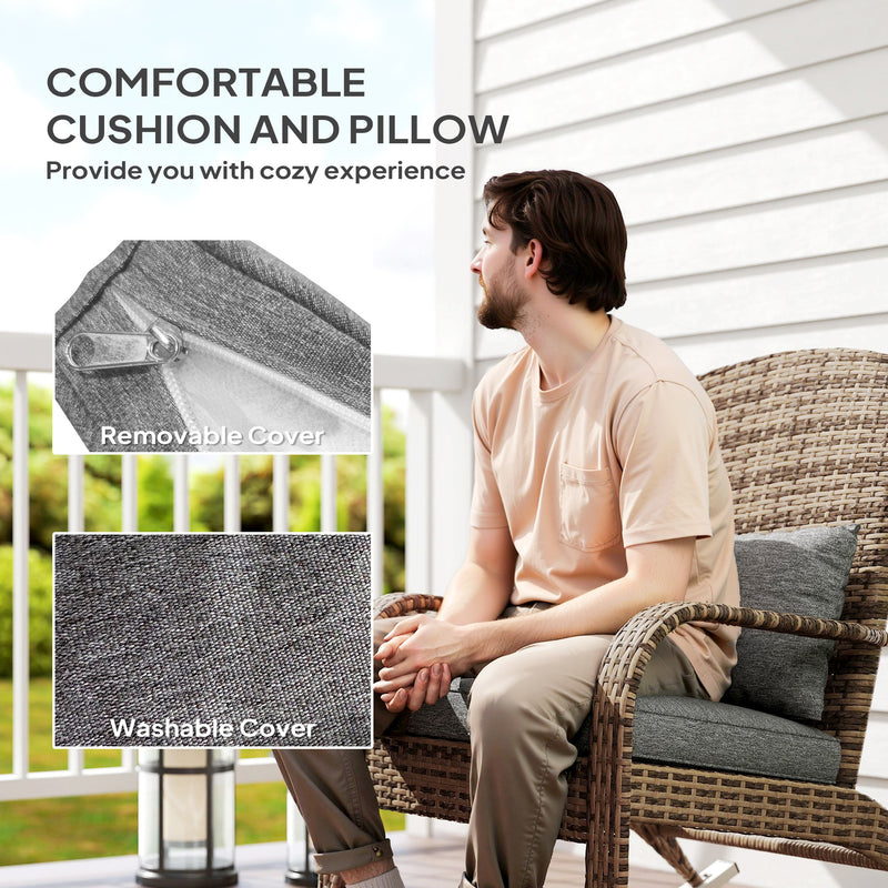 Outsunny - Adirondack Chair, Outdoor Wicker Rocking Chair with High Back, Seat Cushion and Pillow for Porch, Balcony, Grey/Yellow