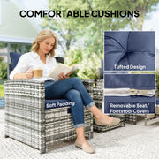 Outsunny - 5 Piece Patio Furniture Set, Wicker Patio Chairs with Ottomans, 2-Tier Glass Coffee Table and Cushions, Grey/Dark Blue
