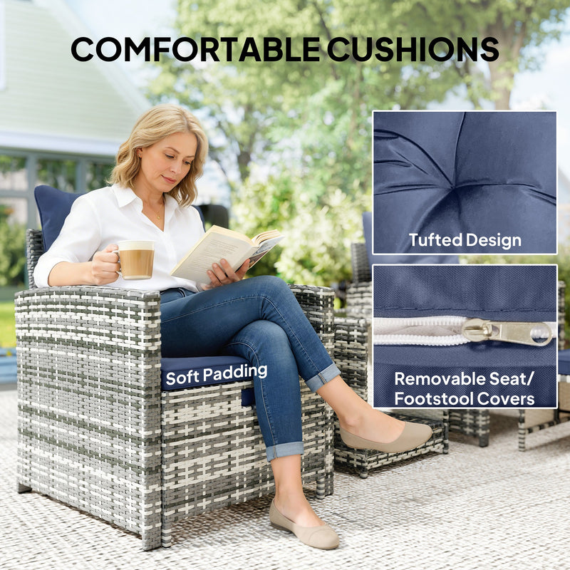 Outsunny - 5 Piece Patio Furniture Set, Wicker Patio Chairs with Ottomans, 2-Tier Glass Coffee Table and Cushions, Grey/Dark Blue