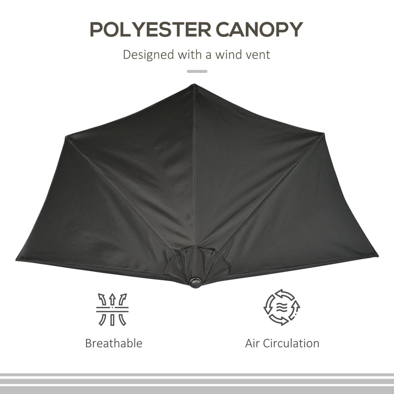 Outsunny - 9ft Half Round Umbrella Outdoor Patio Garden Balcony Parasol Window Sun Shade w/ 5 Ribs, Black — 84D-007V00BK