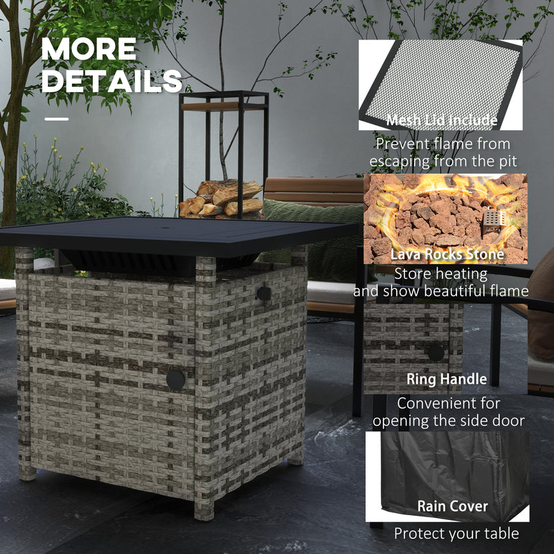 Outsunny - Outdoor PE Rattan Propane Fire Pit Table, 50,000 BTU Pulse-Ignition Wicker Fire Table, Mixed Grey