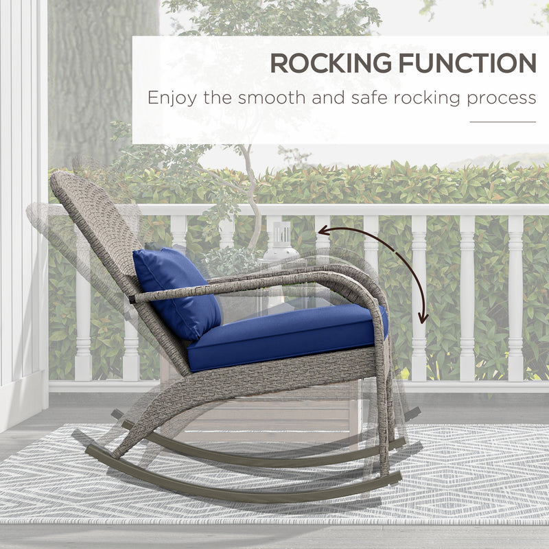 Outsunny - Adirondack Chair, Outdoor Wicker Rocking Chair with High Back, Seat Cushion and Pillow for Porch, Balcony, Dark Blue
