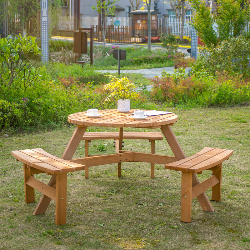 Outsunny - 6 Person Round Picnic Table Bench Set with Umbrella Hole, Wood Patio Table with 3 Built-in Benches for Garden, Deck, Backyard, Brown