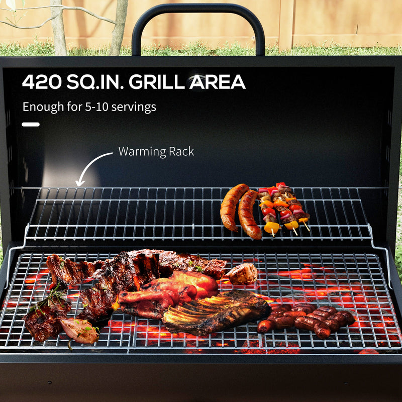 Outsunny - Barrel Charcoal BBQ Smoker, Barbecue with 420 sq.in. Cooking Area, Wheels, Ash Catcher, Black