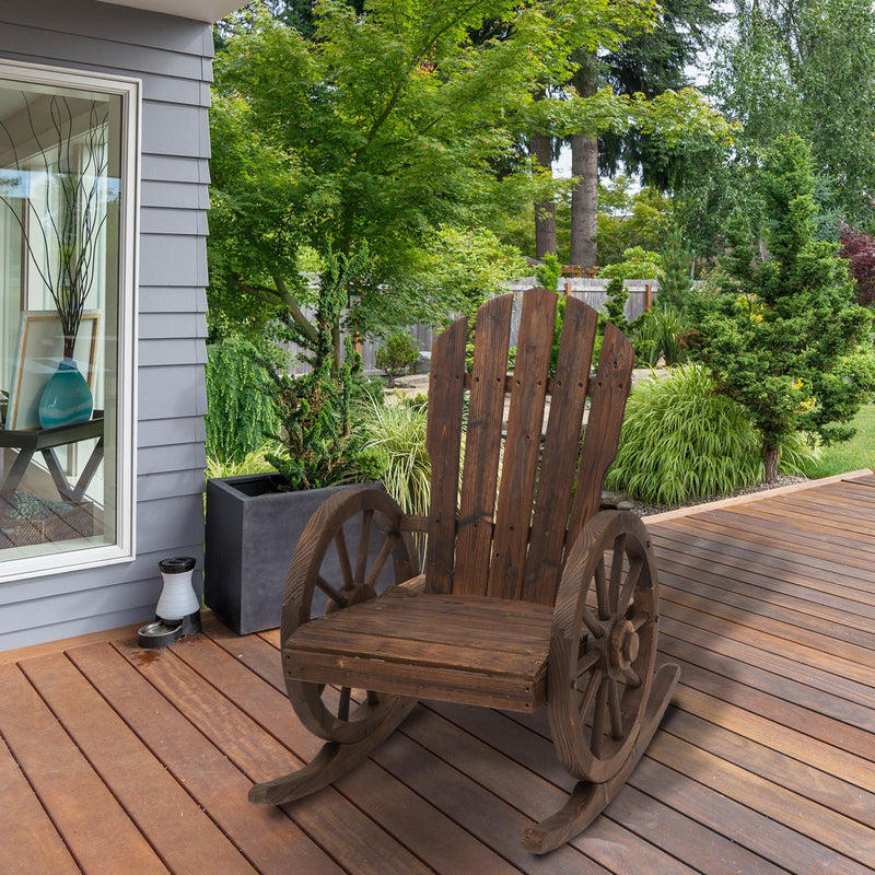 Outsunny - Patio Wooden Rocking Chair, Wagon Outdoor Rocker Chair with Slatted Design and Wheel Armrests for Garden, Carbonized