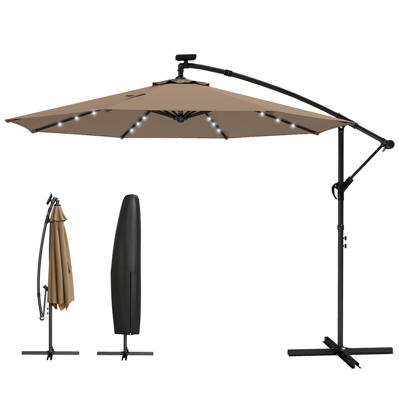 Outsunny - 9.7 ft Cantilever Patio Umbrella with Solar Light, Garden Hanging Parasol with Cover, Tilt, Crank, Khaki