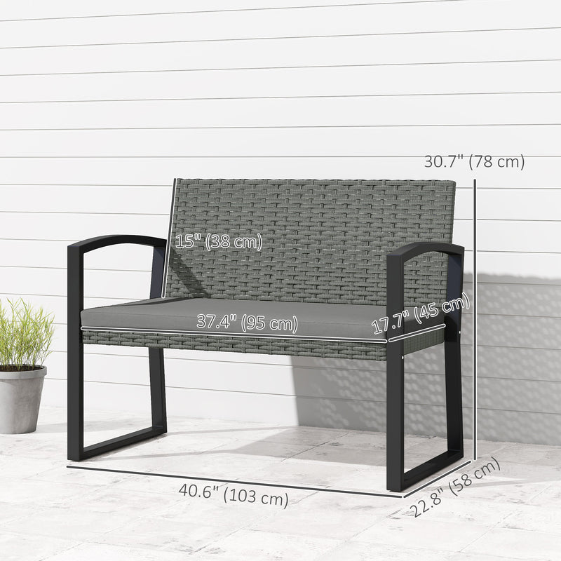 Outsunny - 2 Seater Outdoor Bench, Rattan Garden Bench Loveseat with Cushion, Armrests, Steel Frame for Patio, Porch, Light Grey
