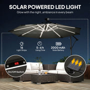 10 ft Offset Patio Umbrella with Solar Light, Garden Hanging Parasol with 360° Rotation, Tilt, Cover, Black