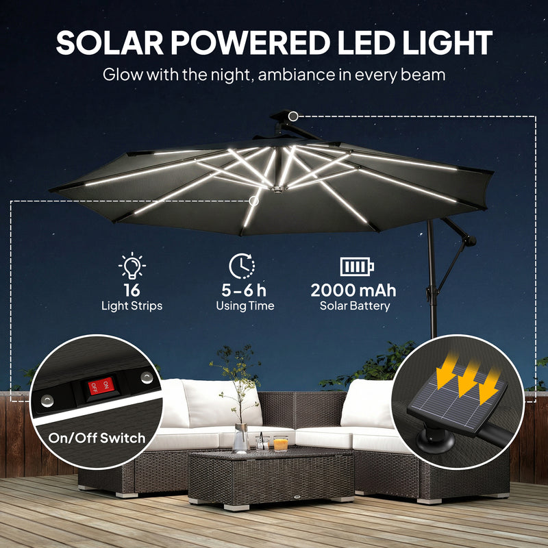 10 ft Offset Patio Umbrella with Solar Light, Garden Hanging Parasol with 360° Rotation, Tilt, Cover, Black
