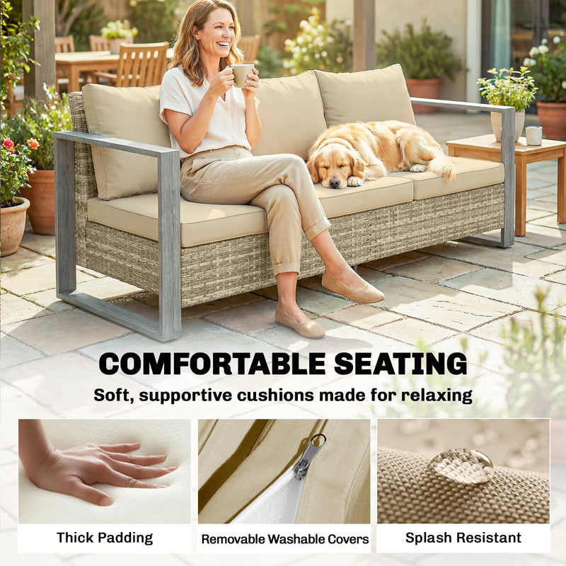 Outsunny - 3-Seater Outdoor Couch, PE Wicker Patio Sofa with Deep Seat, Wood-Effect Aluminum Armrests, Cushions, Khaki