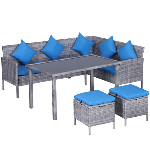 Outsunny - 5 Pieces Wicker Patio Conversation Dining Furniture Set with Cushions, Table and Ottomans, Bright Blue