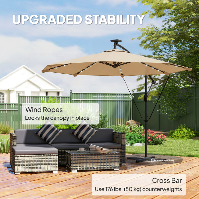 9.7ft Solar LED Cantilever Patio Umbrella with 32 LED Lights, Cross Base, Crank Handle, for Poolside, Deck, Khaki