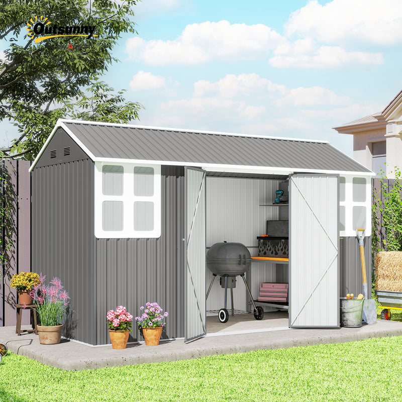 12' x 5.5' Metal Garden Storage Shed, Outdoor Tool Storage House with Lockable Door, Vents, Sloped Roof, Light Grey