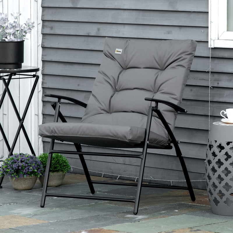 Outsunny - Foldable Lounge Chair, Fabric Upholstered Recliner, Outdoor Lounger with Armrest, Metal Frame for Backyard, Grey