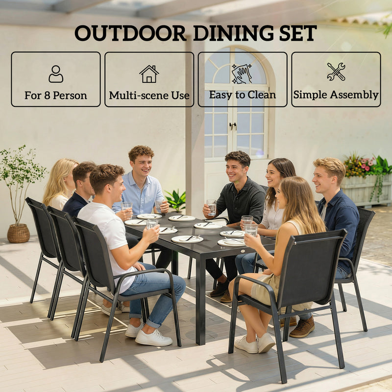 Outsunny - 9 Pieces Patio Set with Stackable Chairs, Patio Dining Set with Glass Top for Garden, Patio, Backyard, Black