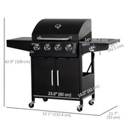 Outsunny - 4+1 Burner Liquid Propane Gas Grill Outdoor Cabinet Style BBQ Trolley w/ Side Burner, Warming Rack, Side Shelf, Storage Cabinet, Thermometer, 4 Wheels, Carbon Steel, Black