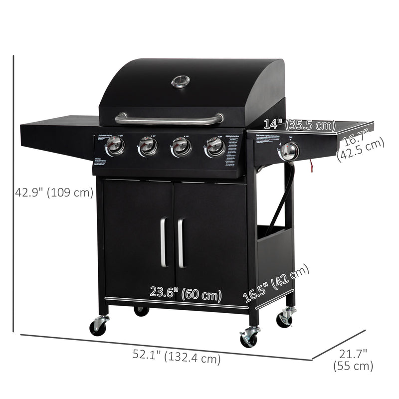 Outsunny - 4+1 Burner Liquid Propane Gas Grill Outdoor Cabinet Style BBQ Trolley w/ Side Burner, Warming Rack, Side Shelf, Storage Cabinet, Thermometer, 4 Wheels, Carbon Steel, Black