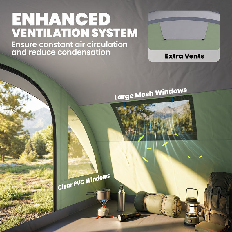 Outsunny - Multi-Room Camping Tent for 5 Person, Easy Set up Large Family Tent with 4 Windows, Porch, Light Green