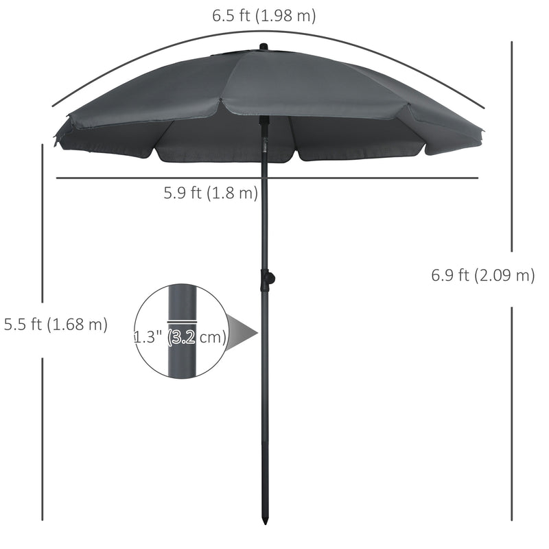 Outsunny - 6ft Beach Umbrella, Outdoor Sun Shade Parasol with Push Button Tilt, Ruffled UV50+ Vented Canopy, Dark Grey — 84D-221V00CG