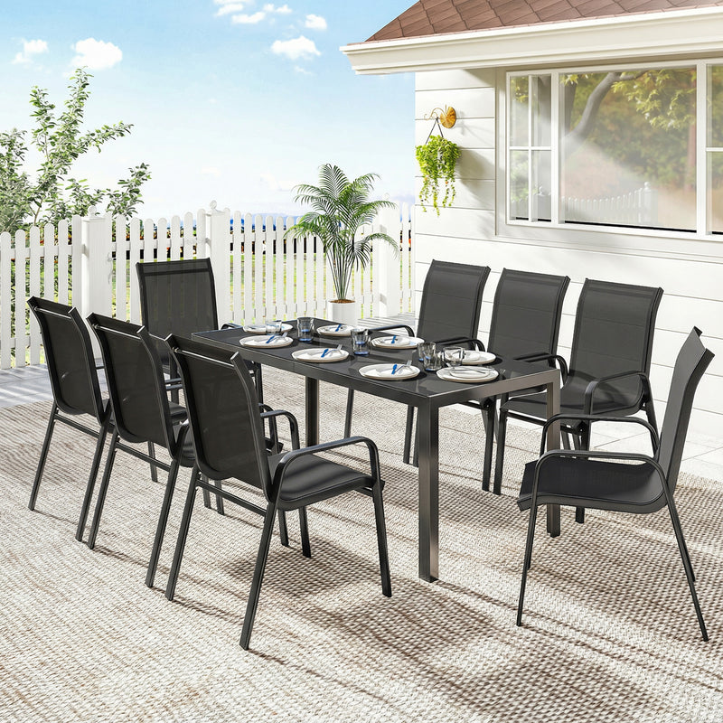 Outsunny - 9 Pieces Patio Set with Stackable Chairs, Patio Dining Set with Glass Top for Garden, Patio, Backyard, Black