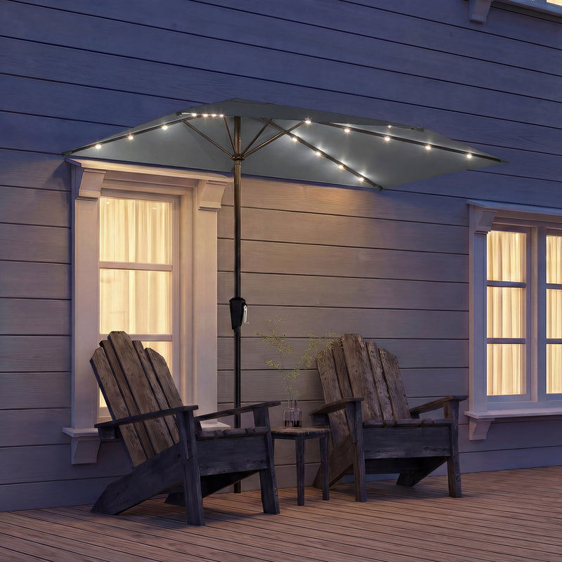 Half Outdoor Patio Umbrella with Solar LED Lights Half Umbrella with Crank 9ft Dark Grey