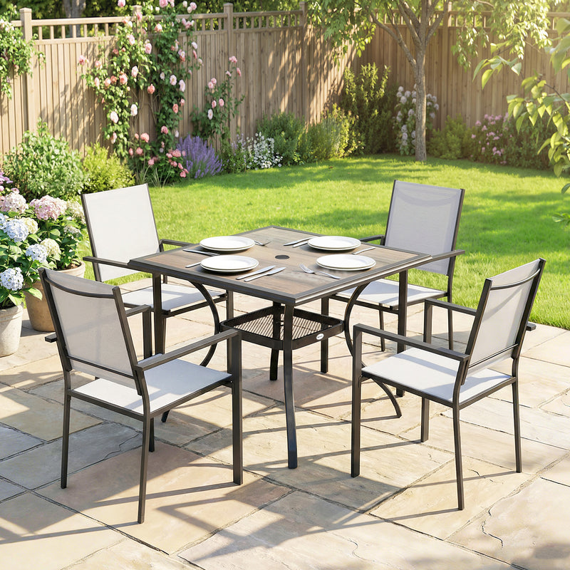 Outsunny - 5 Piece Outdoor Patio Dining Set, Dining Table and 4 Stackable Chairs with Umbrella Hole, Shelf