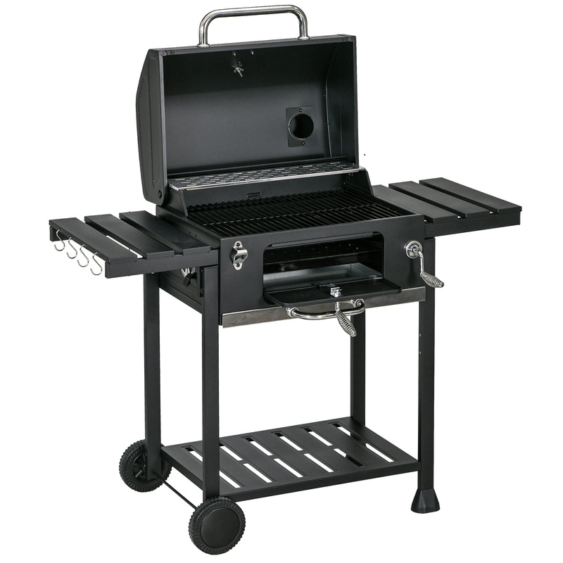 Outsunny - Charcoal BBQ Grill Smoker with Adjustable Charcoal Pan and Galvanised Steel Shell, Barbecue Grill Trolley with Storage
