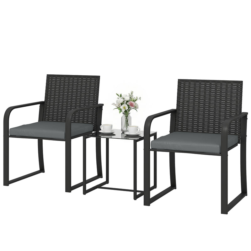 Outsunny - Outdoor Bistro Set, 3 Piece Wicker Patio Furniture with Mesh Seat, Glass Table, Cushions for Porch, Balcony, Grey