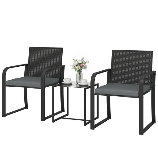 Outsunny - Outdoor Bistro Set, 3 Piece Wicker Patio Furniture with Mesh Seat, Glass Table, Cushions for Porch, Balcony, Grey