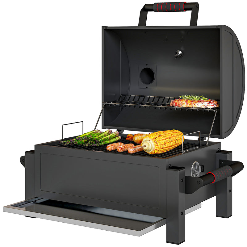 Outsunny - Tabletop Charcoal Smoker, Portable BBQ with Ash Catcher and Thermometer for Backyard, Camping, Picnic, Black